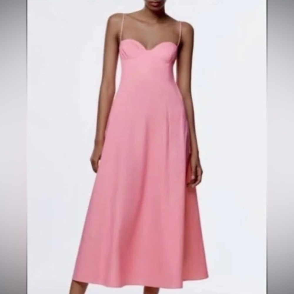 Zara Light Bright Pink Poplin Sweetheart Sleeveless MIDI Dress Women’s size XL